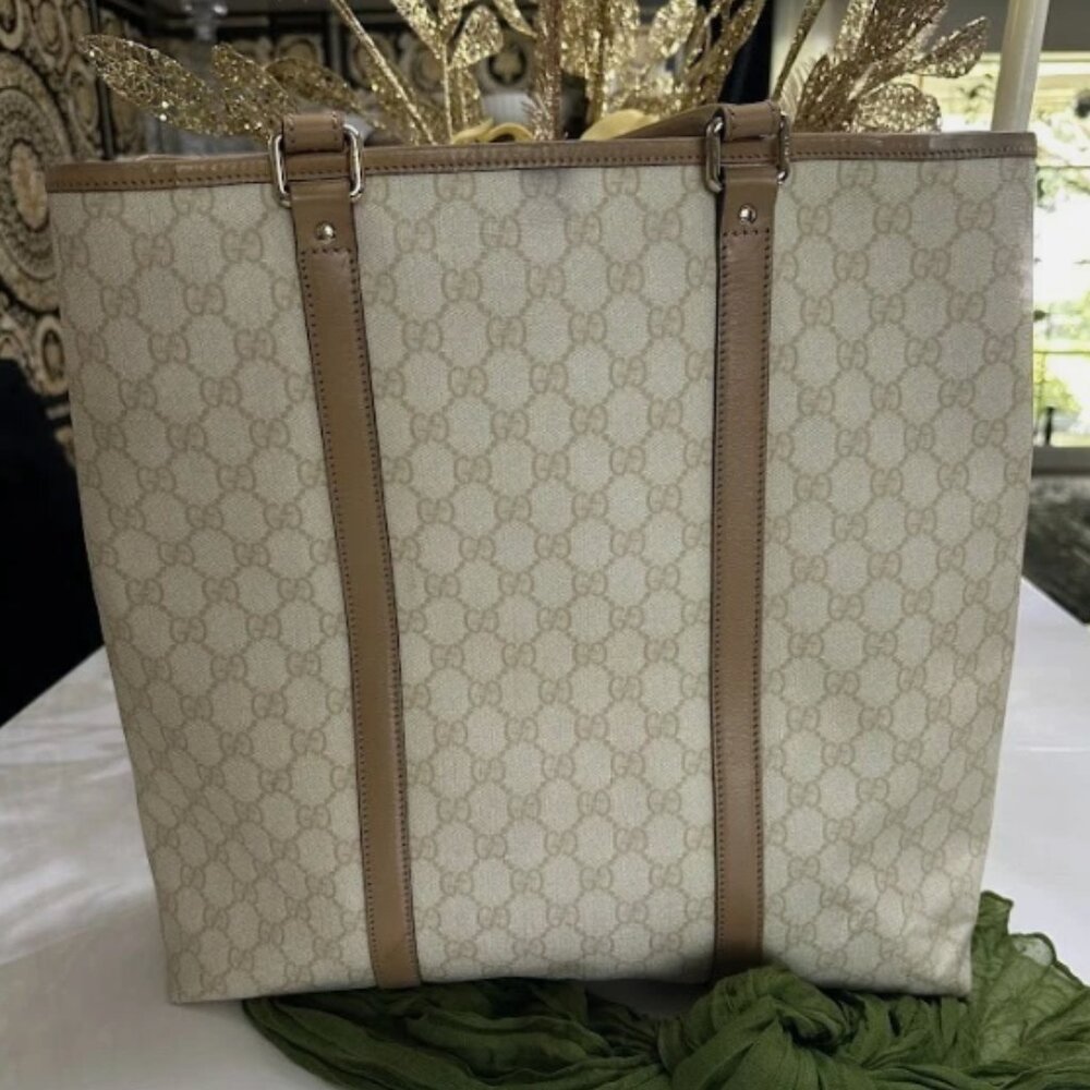 Gucci GG Canvas Beige Leather Trim Large Tote Bag Authentic - Picture 4 of 12